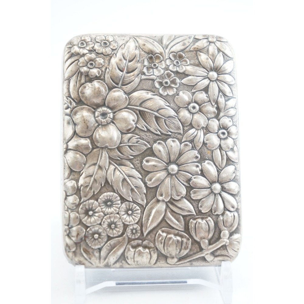 Gorham Key Case Sterling Silver 47 Floral Repousse Leather Small Black Fair